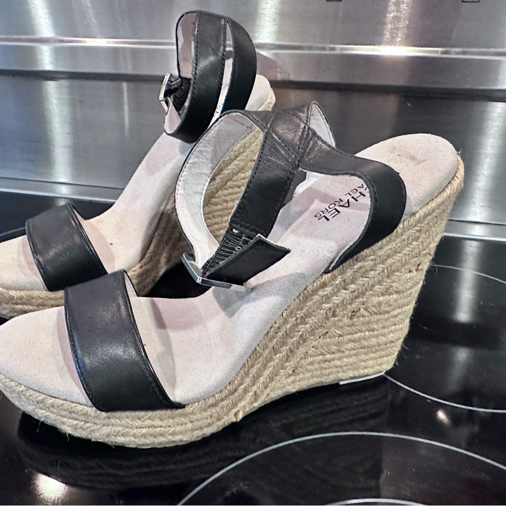 Michael Kors Jill Woven Rope Jute Wedge Black Leather Sandal Platform Size 9 - Picture 16 of 16